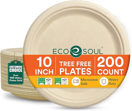 ECO SOUL 100% Compostable 10 Inch Paper Plates 200 [2x100 Pc] Disposable Party Plates I Heavy Duty Eco-Friendly Sturdy Dinner, Wedding, Event Plates I Biodegradable Unbleached Sugarcane Eco Plates