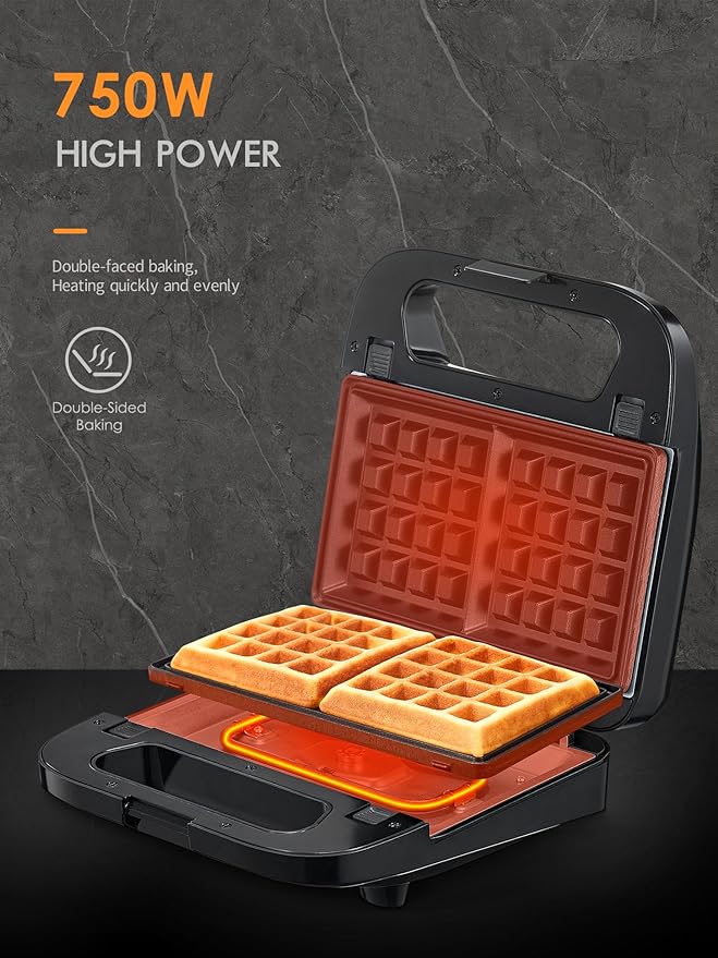 Reemix 3-in-1 Waffle, Grill & Sandwich Maker, Panini Press Grill and Waffle Iron Set with Removable Non-Stick Plates, Perfect for Cooking Grilled Cheese, Tuna Melts, Burgers, Steaks and Snacks, Black (3 in1 Sandwich Maker All Stainless Steel)