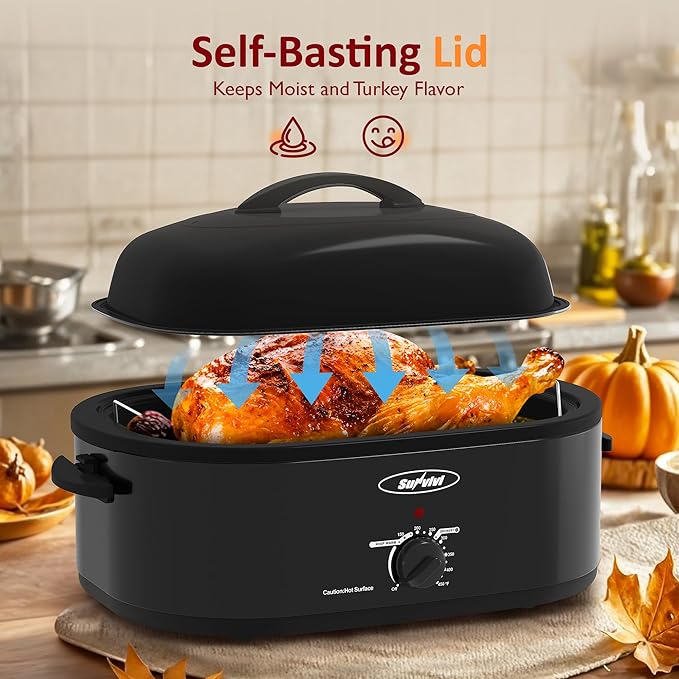 Sunvivi Electric Roaster,20 Quart Roasting Oven with Self-Basting Lid Removable Pan,Turkey Roaster Oven with 150 to 450F Temperature Control Cool-Touch Handles,Black