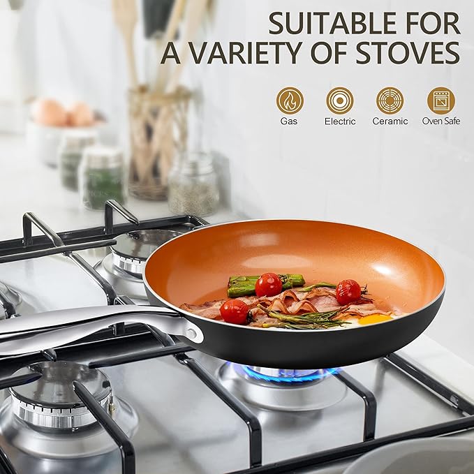 MICHELANGELO Frying Pan with Lid, Nonstick 8 Inch Frying Pan with Ceramic Titanium Coating, Copper Fry Pan with Lid, Small Fry Pan 8 Inch, Nonstick Fry Pans