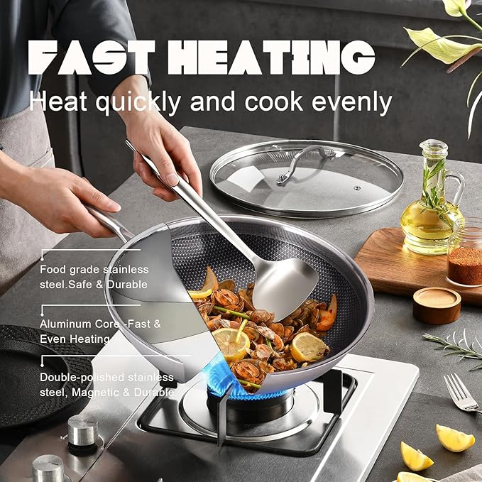 Hybrid Non Stick Wok, 13 inch Frying Pans Nonstick, Stainless Steel woks, PFOA Free Cookware, Dishwasher and Oven Safe, Induction Compatible