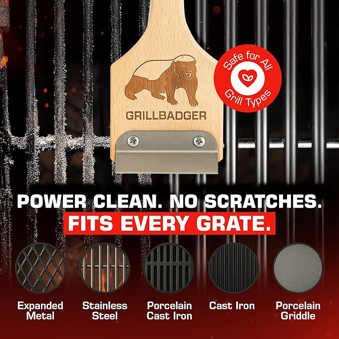 The Original Non Metal Grill Brush for Outdoor Gril | High Temp Heat Resistant BBQ Cleaning Brush | Long Lasting Wooden BBQ Cleaner with Scraper, Safe for Cast Iron Grates - Natural Wood