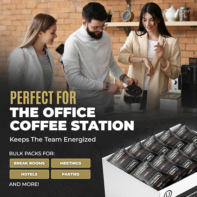 Colonial Coffee 12 Count Single Pot Coffee Packets – 100% Arabica Colombian, Medium Roast | Pre-Measured Frac Packs for 12 Cup Maker | Bulk Ground Gourmet Coffee for Home & Office