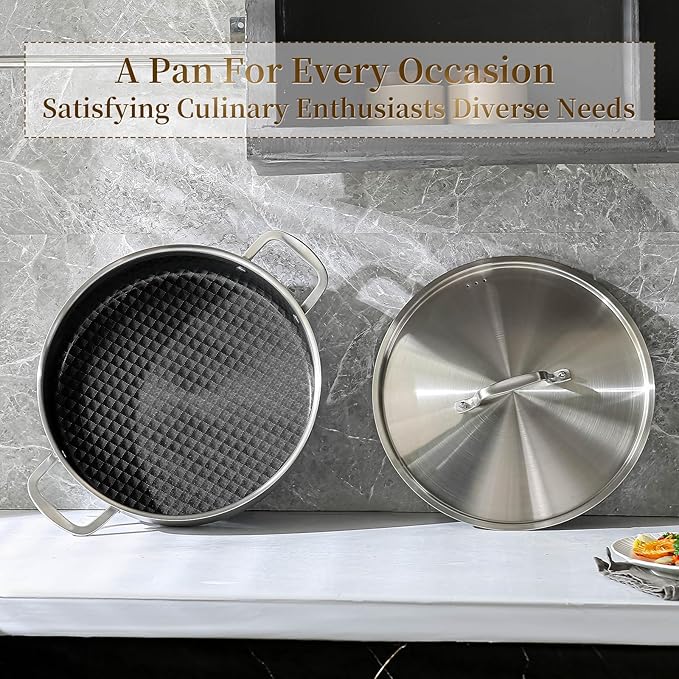 DELARLO 8Quart Tri-Ply Stainless Steel Non Stick Braiser Pan with Lid,13inch Deep Frying Pan,Large Skillet,Jumbo Cooker,Induction Compatible,Heavy Duty and Oven Safe.