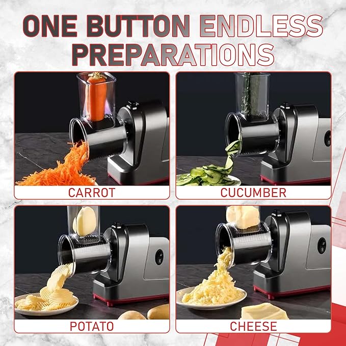 Electric Cheese Grater, 250W Salad Maker with 5 Stainless Steel Blades, Slicer Shredder for Cheeses, Vegetables & Fruits, One-Touch Operation, Easy to Clean, Cheese Shredder Machine
