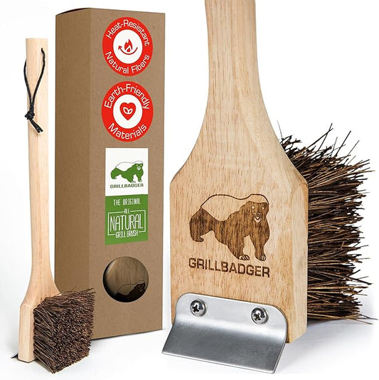 The Original Non Metal Grill Brush for Outdoor Gril | High Temp Heat Resistant BBQ Cleaning Brush | Long Lasting Wooden BBQ Cleaner with Scraper, Safe for Cast Iron Grates - Natural Wood