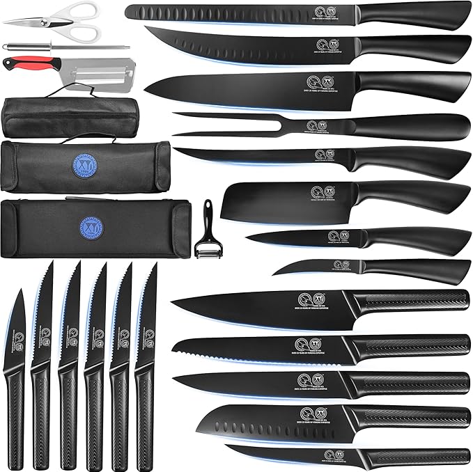 XYJ Professioanl Chef Knife Set with Bag, Sharpening Steel, Gloves, Kitchen Knife Kit, Meat Fork, Paring Utility Carving Boning Steak Nakiri Slicing Bread Chef Knives Set