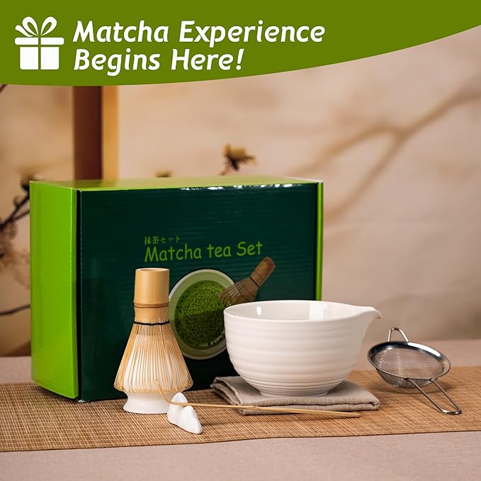 Matcha Tea Set 7 Pcs,Japanese Ceramic Bowl,Bamboo Matcha Whisk (Chasen), Scoop (Chashaku),Stainless Steel Sifter,Whisk Holder (white),Tea Towel