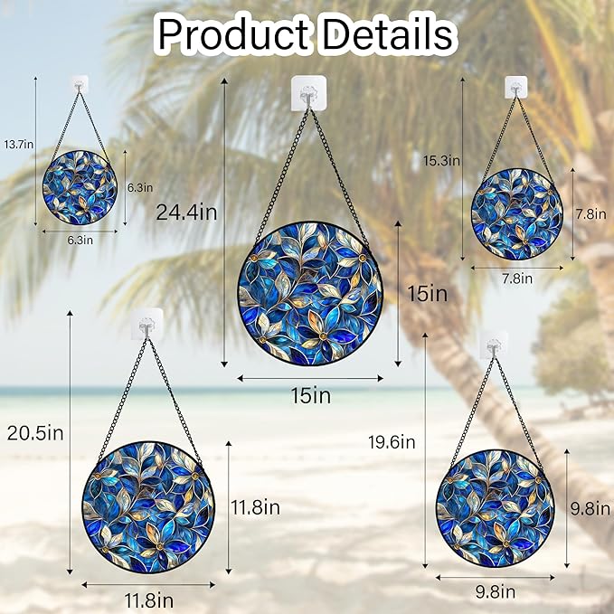 Stained Glass Window Hanging - Blue Gold Abstract Flowers Suncatcher for Door Terrace Garden Home Decor, Plant Sun Catcher Birthday Gifts for Lovers Women Men Dad Mom Nana 11.8 in
