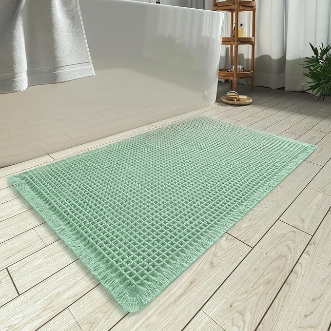 AMOAMI Upgraded Waffle Bath Mat, Super Absorbent Non Slip Bath Mats for Bathroom Floor, Machine Washable Bathroom Rugs with Tassels, Rubber Backed Bathroom Mats, Ultra Soft, 24" x 36", Sage