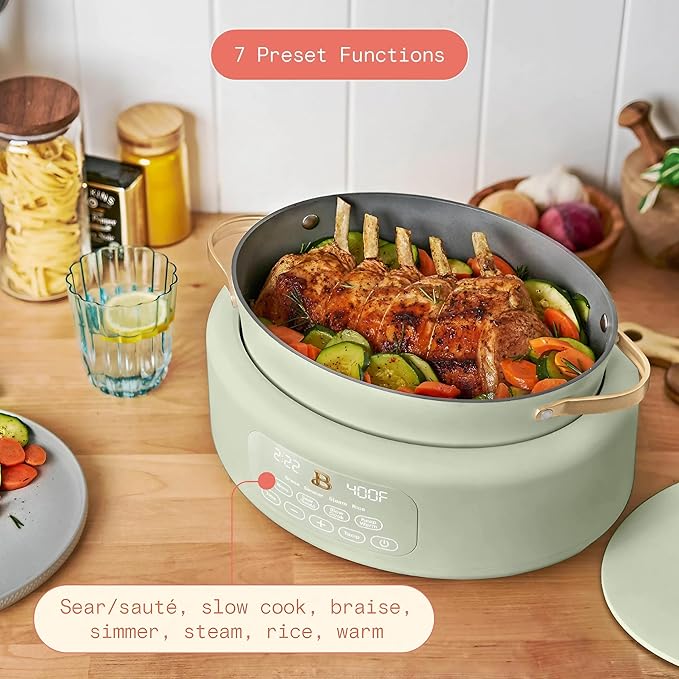 Beautiful 10-in-1 6Qt Electric Multi-Cooker by Drew Barrymore – Slow and Rice Cooker, Steamer, Dutch Oven, Sauté & More – Touch Display, Oven Safe, Dishwasher Safe (Sage Green)