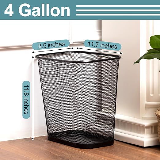 Nuanchu 12 Pcs Mesh Square Trash Cans 4 Gallons Wire Wastebasket for Home Black Metal Office Garbage Cans Rectangular Trash Bin for Kitchen Bathroom Bedroom, 11.7 x 8.5 x 11.8 Inch (Black)