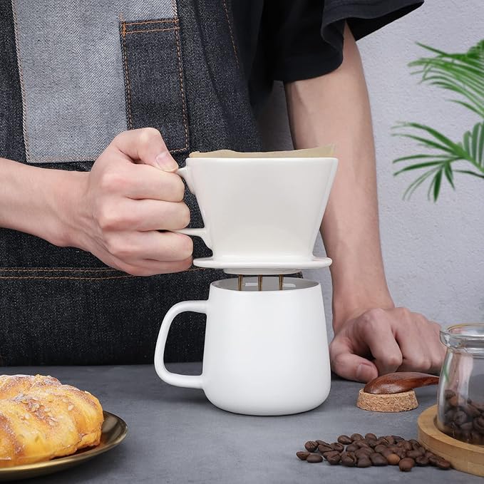 Segarty Pour Over Coffee Maker, Single Cup White Ceramic Coffee Dripper, Size No.2 Reusable Filter Cone Drip Holder Slow Brewer with 3 Holes Flat Bottom for Home, Office, Travel, Camping