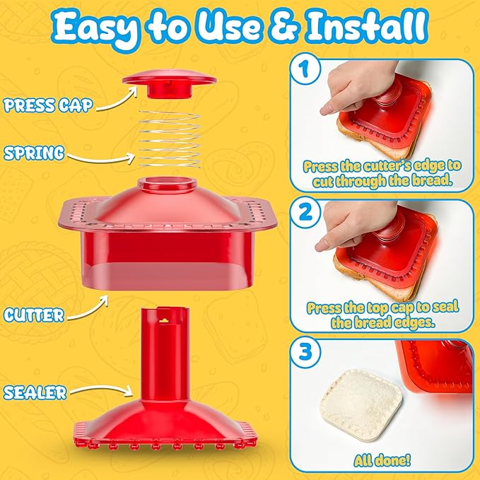 Sandwich Cutter and Sealer Cut and Seal Sandwich Maker, Crustless Peanut Butter & Jelly Sandwich Cookie Cutter (Translucent Red Square)