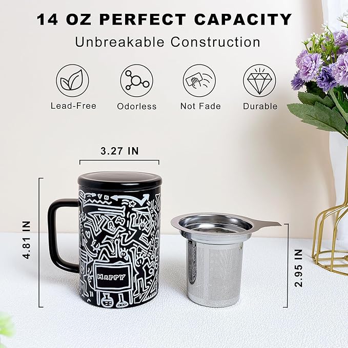 Loose Leaf Tea Cup, Doodle Style Tea Mugs with Infuser and Lid, 14oz Porcelain Steeper Cup, Brewing Teacup with Infuser and Lid, Microwave & Dishwasher Safe, Happy Black