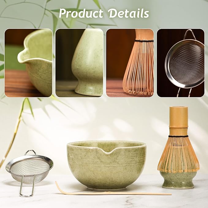 Matcha Tea Set 5 Pcs, Japanese Traditional Ceramic Bowl, Bamboo Whisk (Chasen), Scoop (Chashaku), Whisk Holder,Stainless Steel Sifter