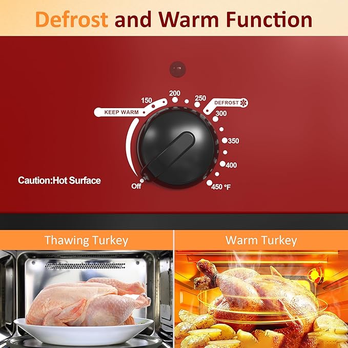 Sunvivi 18-Quart Roaster Oven with Self-Basting Lid, Electric Turkey Roaster Oven with Removable Pan and Rack, Stainless Steel, Red