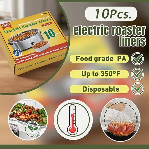 10 Count Electric Roaster Liners, 34" × 18" Roaster Liners Disposable, Fits 16, 18, and 22 Quart, Up to 350° F, High Temperature Resistant Stew Cooking Bags, Food Grade Material