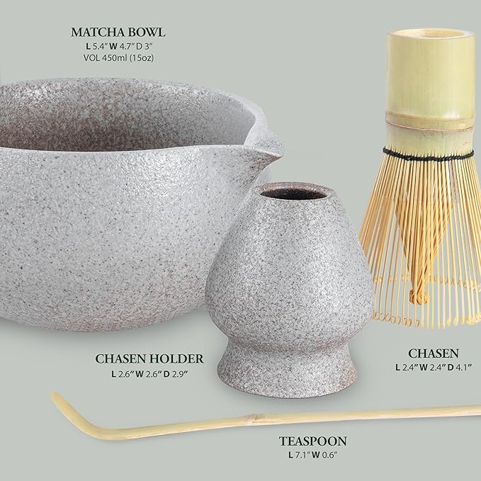Stone-Texture Gray Matcha Whisk Set with Pouring Spout – Japanese Matcha Kit with Handcrafted Ceramic Bowl, Bamboo Whisk, Scoop, and Holder for Authentic Tea Ceremony