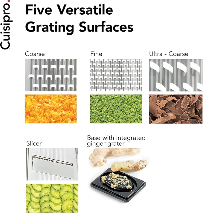 Cuisipro Stainless Steel Cheese Grater with Handle, 4 Sided Box Grater for Kitchen, Ginger Grater Dishwasher Safe, Fruit and Vegetables Slicer, Cheese Shredder for Potato, Chocolate, Parmesan, Ginger