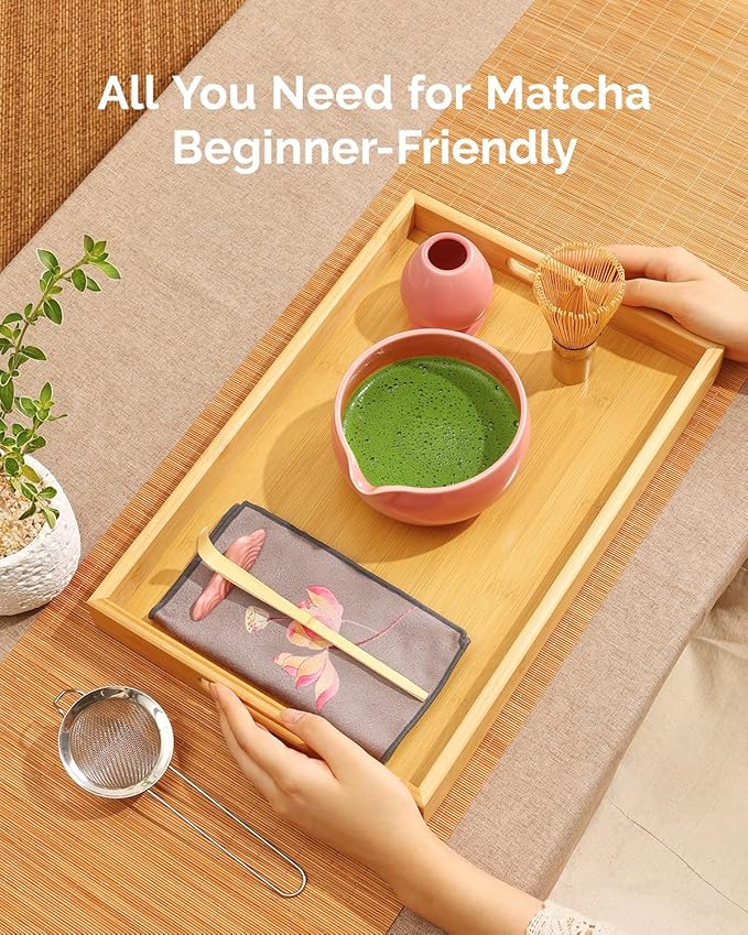 Maestri House Matcha Whisk Set, 7 Pcs Ceramic Matcha Kit with Spouted Bowl, Matcha Whisk & Holder, Bamboo Scoop, Scoop Rest, Sifter & Cloth – Complete Matcha Gift Set for Beginners & Tea Lovers(Pink)