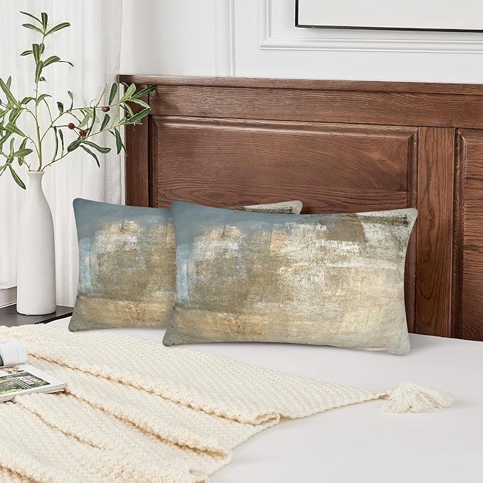 Grey and Beige Abstract Art Contemporary Pillow Cover, Modern Neutral Decorative Throw Pillows Cushion Cover for Bedroom Sofa Living Room 12 x 20 Inch Set of 2