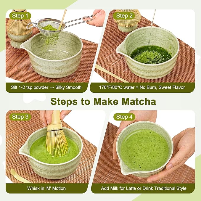 Matcha Whisk Set - 5Pcs Japanese Tea Set Includes Matcha Bowl with Spout, Bamboo Whisk with Holder, Scoop & Sifter, Essential Matcha Kit for Tea Ceremony, Gift for Beginners (Speckled Green)