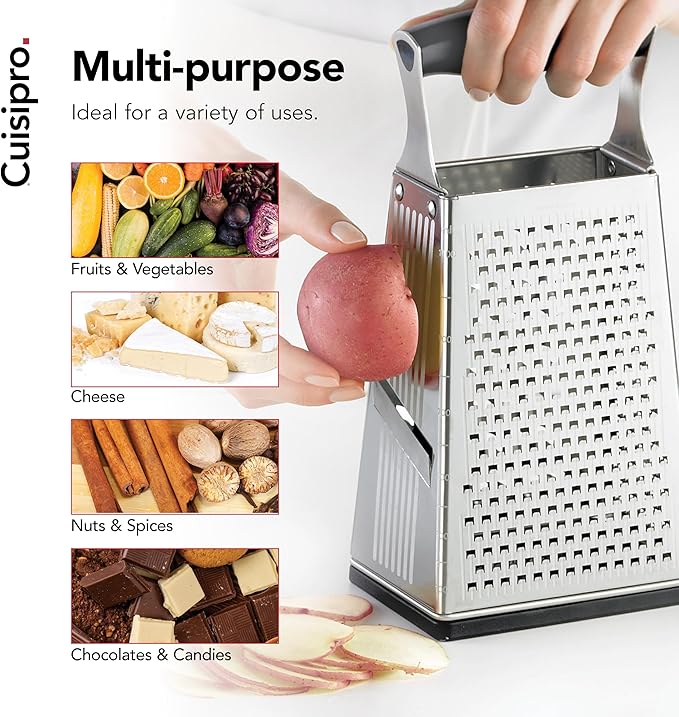 Cuisipro Stainless Steel Cheese Grater with Handle, 4 Sided Box Grater for Kitchen, Ginger Grater Dishwasher Safe, Fruit and Vegetables Slicer, Cheese Shredder for Potato, Chocolate, Parmesan, Ginger