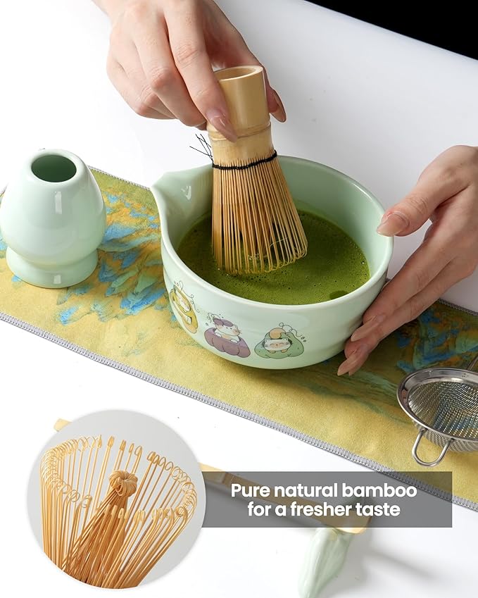 Matcha Whisk Set 7 Pcs Ceramic Matcha Set Includes 15oz Bowl with Spout,Bamboo Whisk & Holder, Scoop, Scoop Rest Sifter & Tea Towel, Complete Matcha Tea Set for Beginners-Green