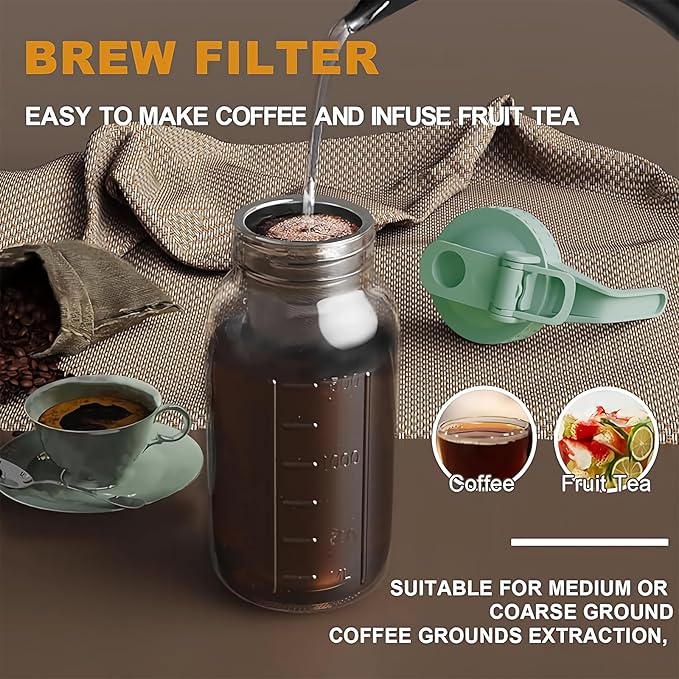 Cold Brew Coffee Maker Jar - 64oz Thick Glass Multipurpose Mason Pitcher Spout Lid with Handle & Stainless Steel Filter for Iced Coffee, Lemonade, Ice Tea, Homemade Fruit Drinks Container
