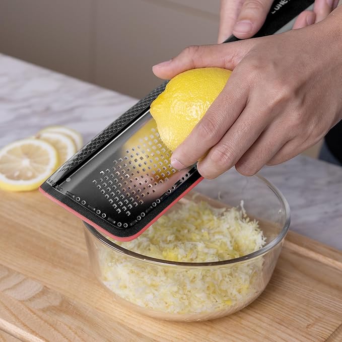 Cohesion Zester Grater for Kitchen with Double-sided - Kitchen Lemon Zester Tool for Cheese, Citrus, Garlic, Ginger, Nutmeg, Chocolate, Fruits, Vegetables with Sharp Premium Stainless Steel Blade, Red