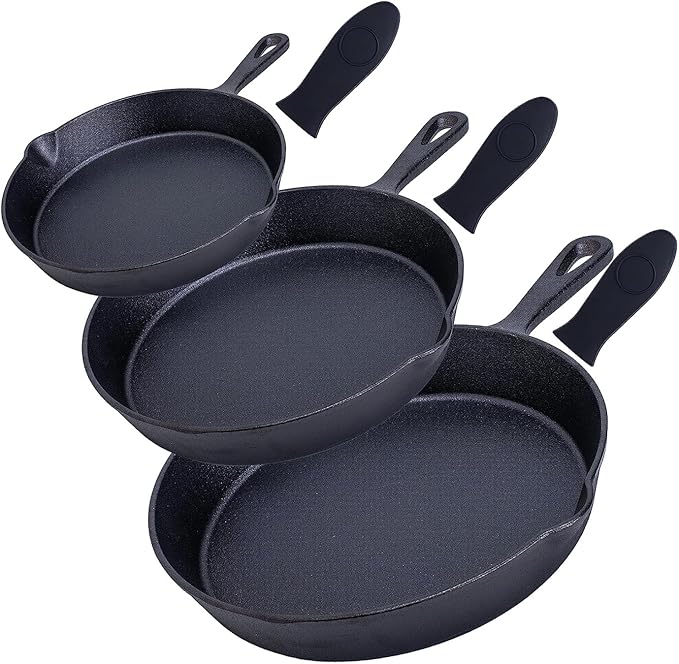 Bruntmor 6, 7.5, 10 Inches Black Pre-Seasoned Cast Iron Frying Pan Set of 3, Oven Safe Cast Iron Skillet, Cast Iron Grill Pan Set, Nonstick Cookware and Bakeware for Casserole Dish