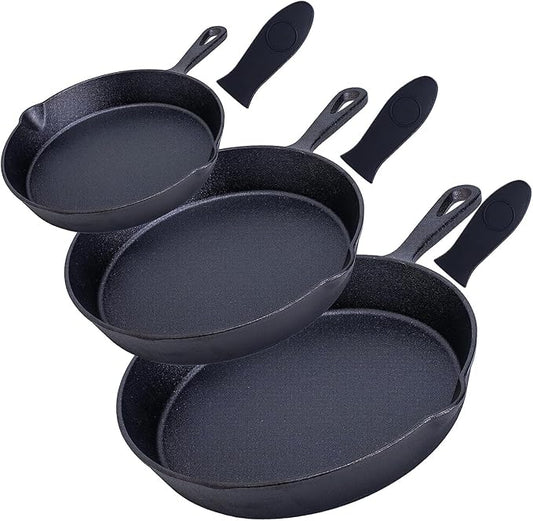 Bruntmor 6, 7.5, 10 Inches Black Pre-Seasoned Cast Iron Frying Pan Set of 3, Oven Safe Cast Iron Skillet, Cast Iron Grill Pan Set, Nonstick Cookware and Bakeware for Casserole Dish