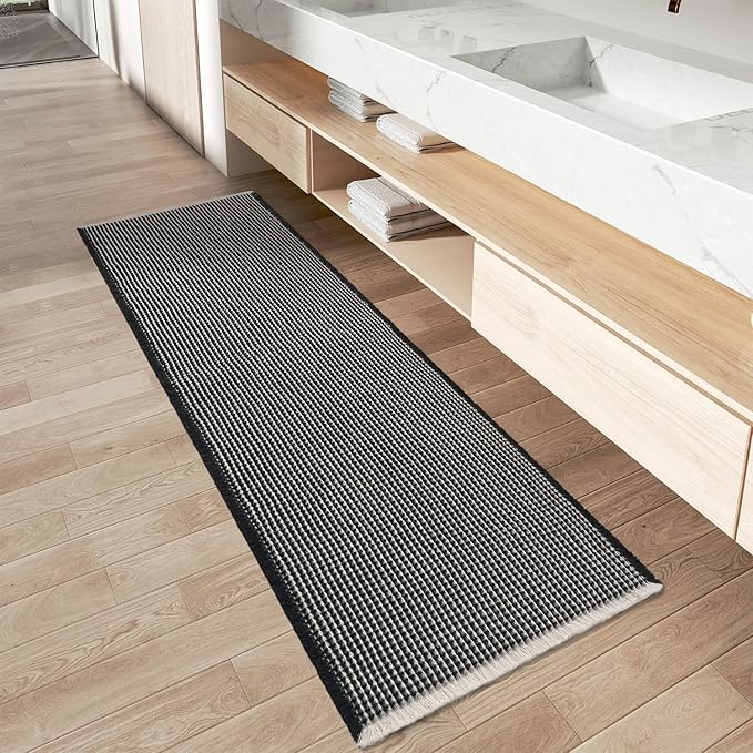 AMOAMI Upgraded Waffle Runner Rug Super Absorbent Non Slip Bath Mats for Bathroom Machine Washable Bathroom Runner Rug with Tassels, Ideal for Hallway Bedroom Laundry Room, 17" x 48", Black & Cream