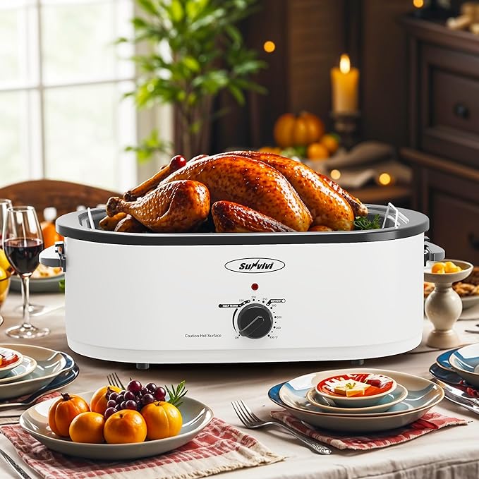 Sunvivi 20-Quart Roaster Oven with Self-Basting Lid, Electric Turkey Roaster Oven with Removable Pan and Rack, Stainless Steel, White
