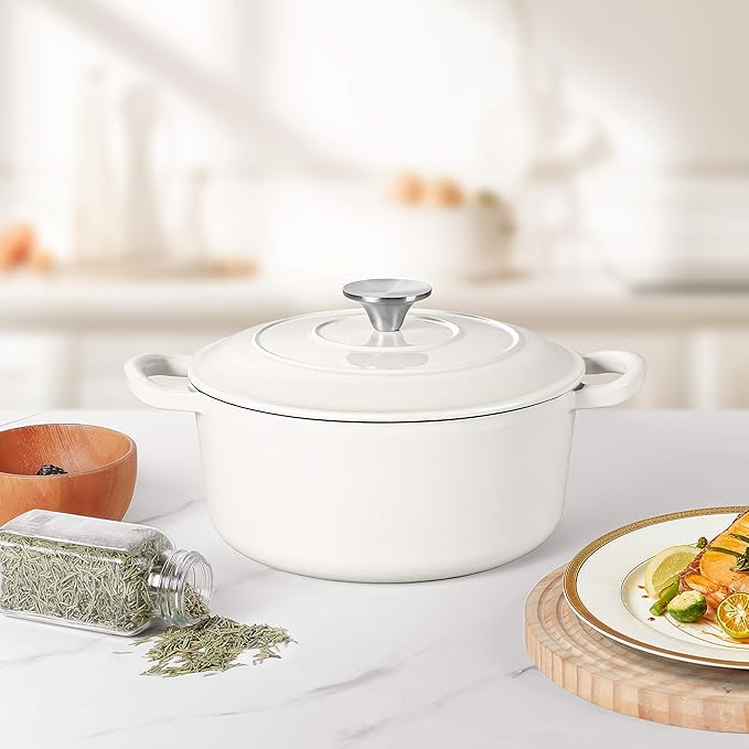 Herogo 3QT Enameled Cast Iron Dutch Oven with Lid, Heavy Duty Round Dutch Oven Pot with Dual Handles for Bread Baking Stewing Roasting, Safe for Various Stovetops, Nonstick & Easy Cleanup - White