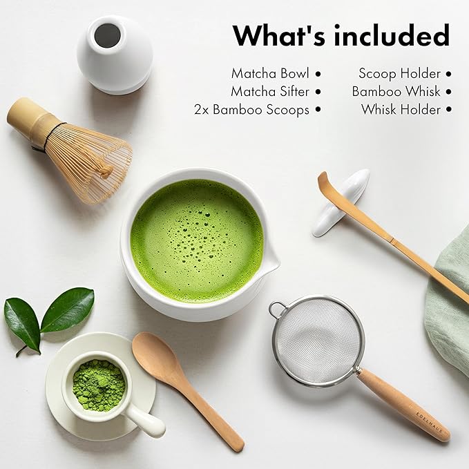 Matcha Kit Whisk Set (7 Pcs) - Complete Matcha Set, Matcha Bowl with with Bowl, Whisk and Holder, Bamboo Spoon/Scoop, Scoop Rester and Sifter incl. Booklet