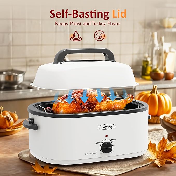 Sunvivi 26 Quart Electric Roaster Oven with Glass Lid, Turkey Roaster Oven Buffet with Self-Basting Lid, Removable Pan, Cool-Touch Handles, White