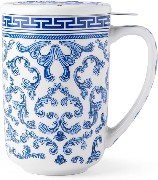 AmorArc Porcelain Tea Mug with Infuser and Lids, 18 Oz Large Cup Strainer with Bag Holder for Loose Leaf Tea, Steeping Coffee Mug for House-Warming Wedding Birthday Gift