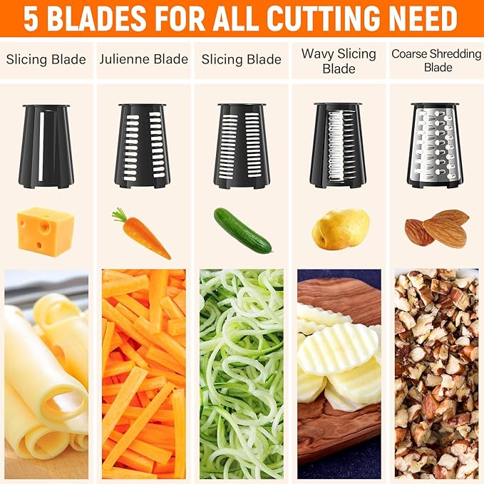 Rotary Cheese Grater Hand Crank with 5 Interchangeable Blades, Vegetable Slicer Chopper for Fruit Vegetable Nuts, Mandoline Slicer for Kitchen with Blades Rack & Suction Base, Black