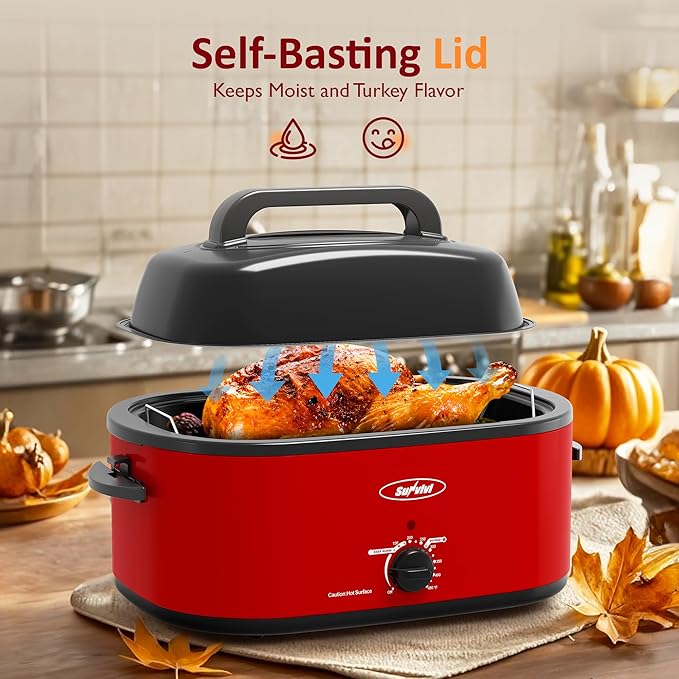 Sunvivi Electric Roaster Oven, 24 Quart with Glass Lid, Turkey Roaster, Self-Basting Lid, Removable Pan, Cool-Touch Handles, Red