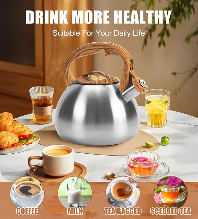 Classic Stainless Steel Whistling Kettle 3.2 Quart - Brushed Metal Finish with Wooden Handle, Stovetop Water Boiler for Home & Kitchen, Loud Alert Whistle & Drip-Free Spout (Silver)
