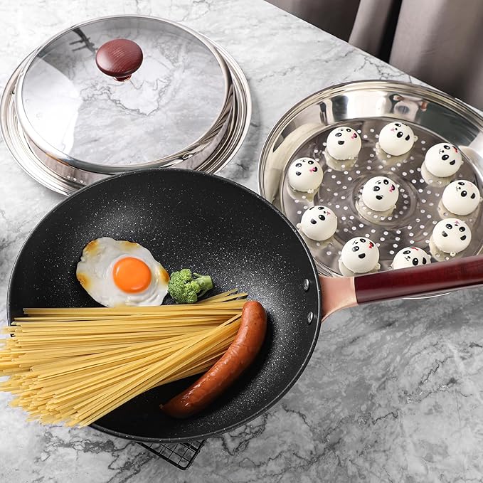 12.5” Woks & Stir-Fry Pans with Lid Steamer, Nonstick Ceramic Wok Pan with Lid, Deep Large Induction Hard Anodized Frying Wok, Carbon Steel Wok Set Flat Bottom, Large Saute Pan Set