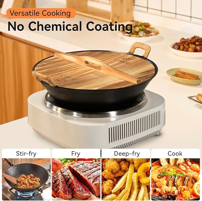 WANGYUANJI Iron Wok 13.4" Chinese Wok – Durable Stir-Fry Pan with Dual Handles, Wooden Lid & Stainless Steel Spatula