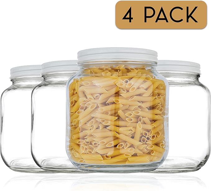 kitchentoolz Half Gallon Mason Jar Wide Mouth with Airtight Metal Lid - Safe for Fermenting Kombucha Kefir - Curing Pickling, Storing and Canning - BPA-Free Dishwasher Safe (White Lid, 4)