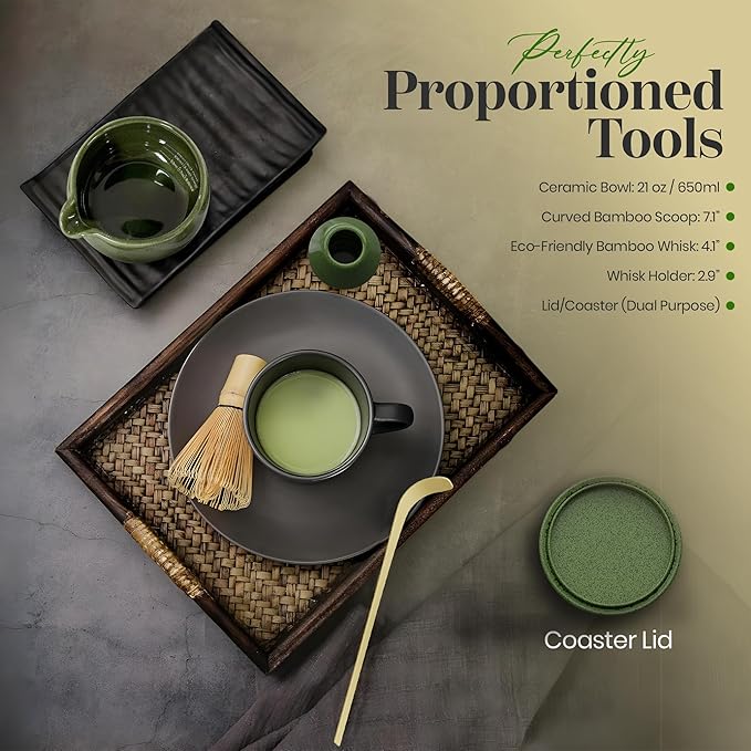 Matcha Whisk Set – Traditional Bamboo Chasen with Ceramic Bowl (Green), Measurement Lines, Spoon, Lid/Coaster - Green