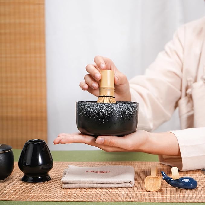 Matcha Tea Set 9 Pcs，Japanese Ceramic Bowl，Bamboo Matcha Whisk (Chasen), Scoop (Chashaku), Stainless Steel Sifter，Whisk Holder,Tea Powder Caddy (Black)