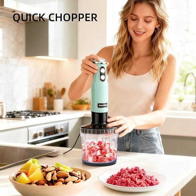 4 in 1 Corded Hand Blender Includes Food Chopper, Mixing Beaker Milk Frother and Whisk 600W Handheld Blender with Stainless Steel Blade, Baby Food Blender
