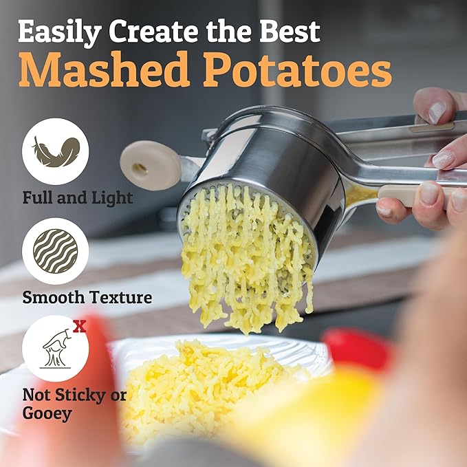 PriorityChef Large 15oz Potato Ricer, Heavy Duty Stainless Steel Potato Masher and Ricer Kitchen Tool, Press and Mash Kitchen Gadget For Perfect Mashed Potatoes - Everytime, Khaki