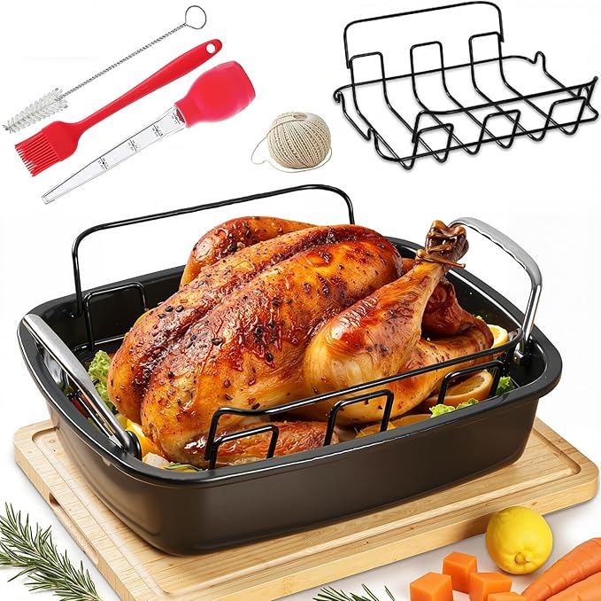 Large Nonstick Roasting Pan Kit with Rack (17x13 Inch) - Includes Baster, Pastry Brush & Twine for Turkey, Chicken, Ham - Even Heating, Easy Clean, Dark Grey (Large-Set-17.2'' x 13.5'')